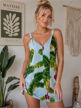 FARM Rio Light Blue Slip Dress with Green Leaf Print Size Small